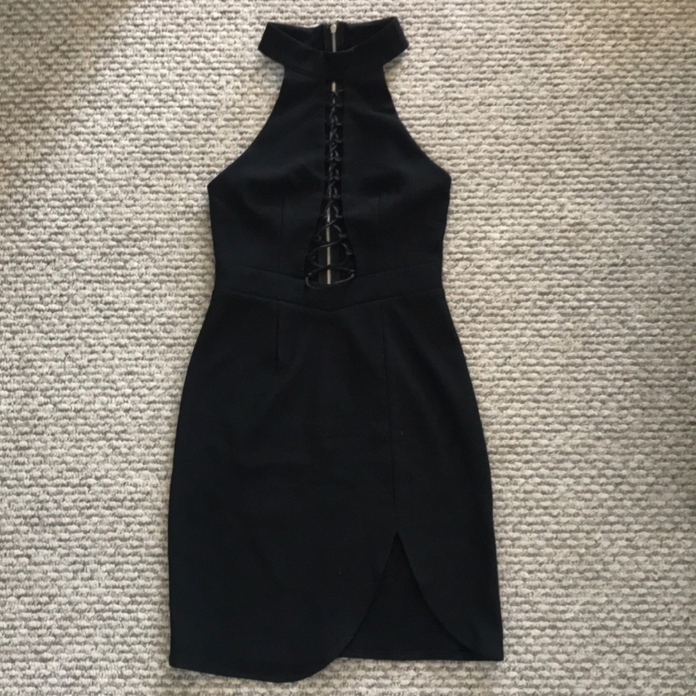 Black, lace up, front slit dress - zipper in back